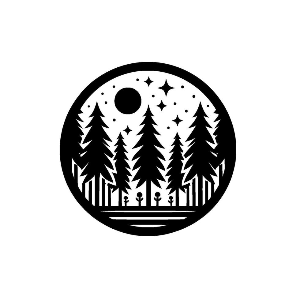 Stylized black and white forest night scene, featuring tall trees, stars, moon, and stylized plants, enclosed within a circular frame. vector