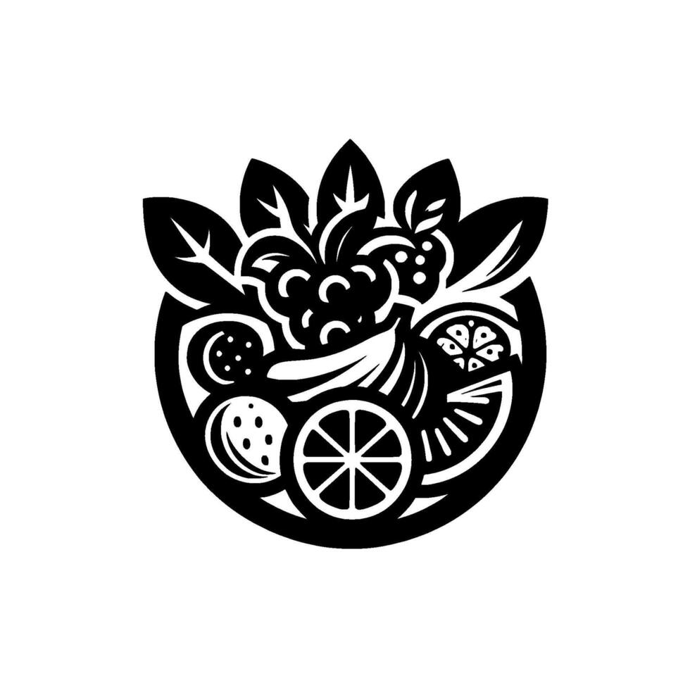 Stylized Black and White Fruit Bowl A Minimalist, Illustration of Citrus, Berries, Banana, and Leaves. vector