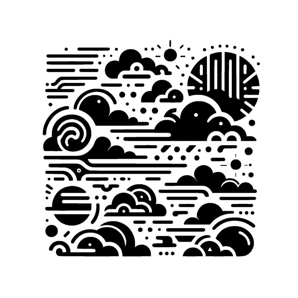 Abstract black and white square featuring stylized clouds, sun, and geometric elements with a whimsical . vector