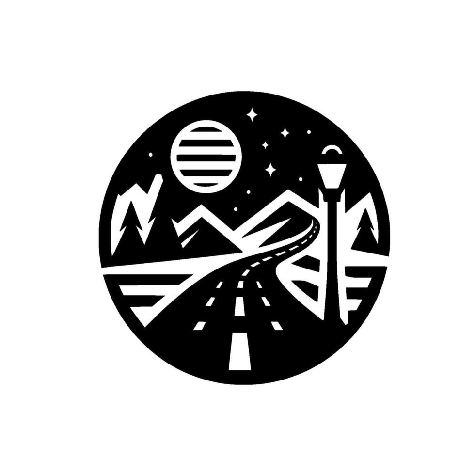 A stylized black and white emblem showcasing a winding road through a mountain range under a night sky, featuring a lamp post and moon. vector