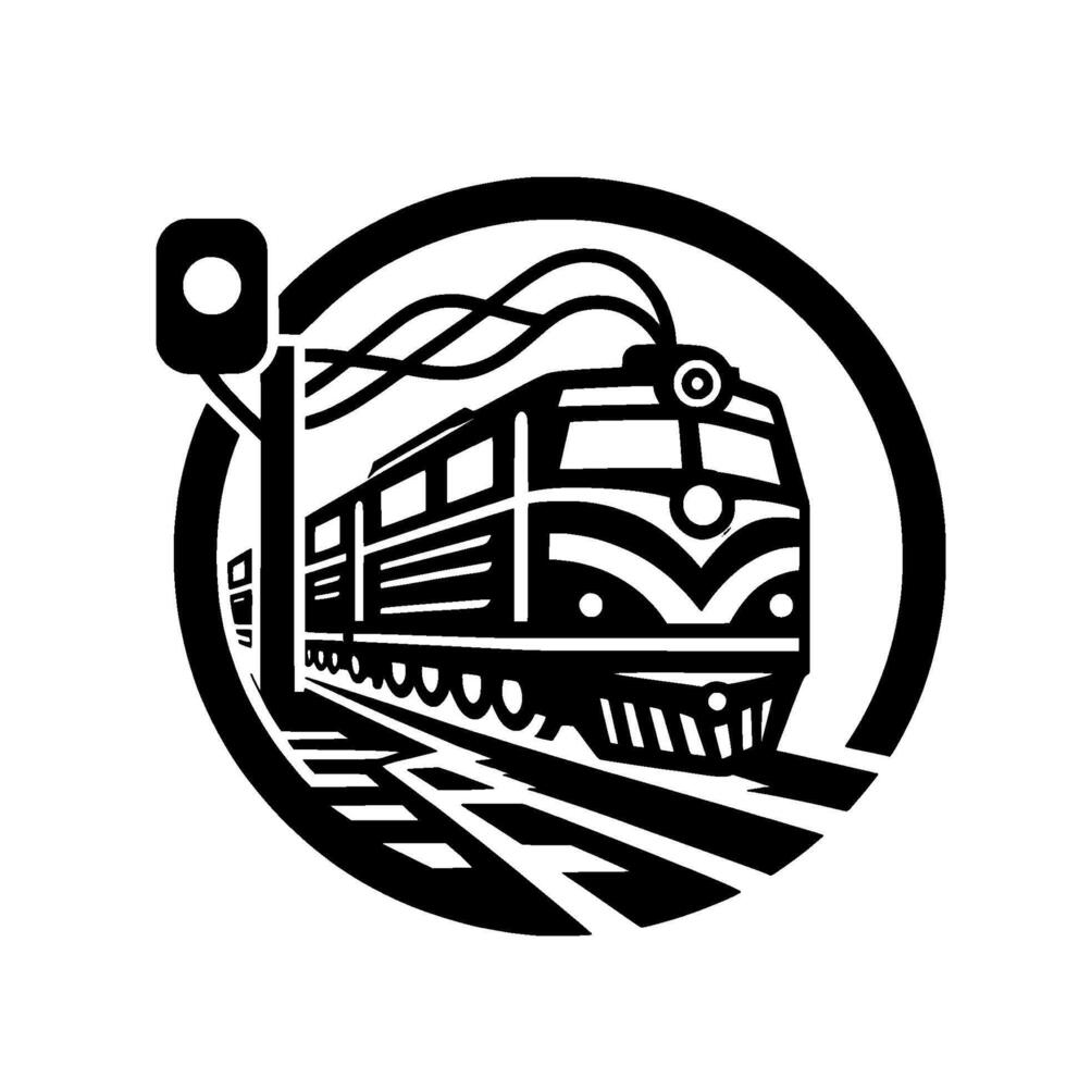 A stylized black and white illustration of a locomotive train, within a circular frame, with railway signal and tracks. vector