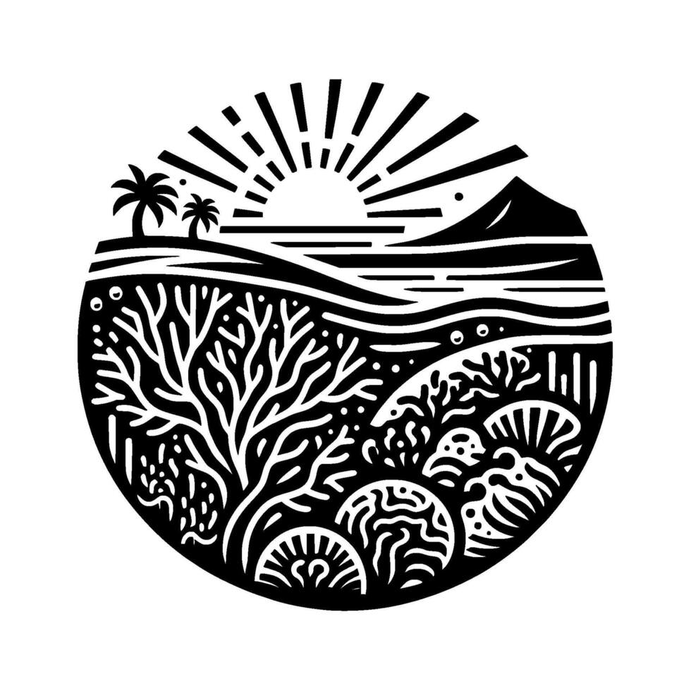 A black and white circular illustration depicting a tropical coastal landscape with a stylized sunrise, palm trees, and marine life elements. vector