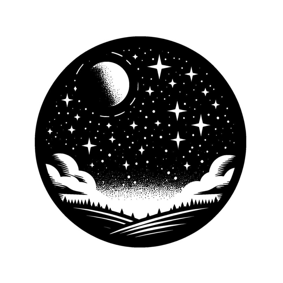 A circular, minimalist black and white illustration showcasing a starry night sky, a detailed moon, rolling hills, trees, and clouds, evoking a sense of peace. vector