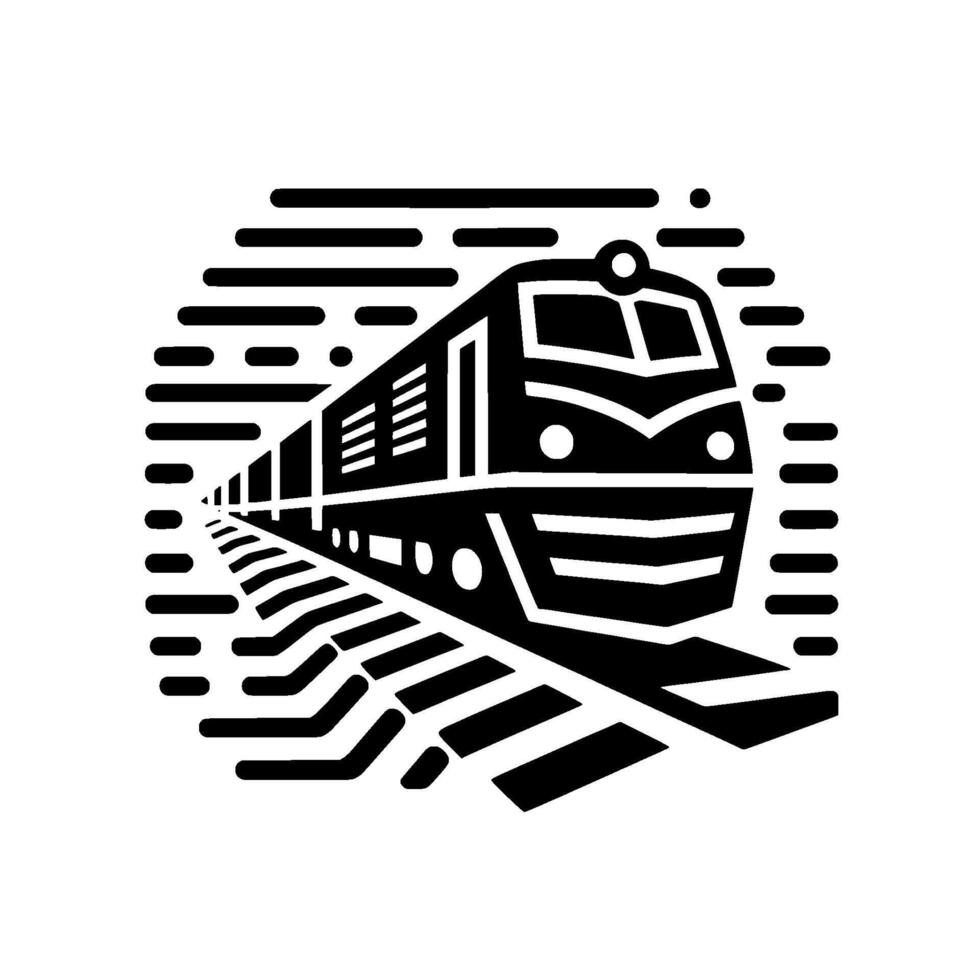 Bold Black and White Geometric Silhouette of a Modern Train Locomotive on Tracks with Speed Lines Enclosing the Scene. vector