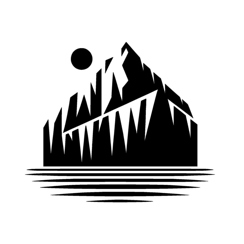 Bold Black and White Minimalist Mountain Scene with Sun and Reflection, Geometric . vector