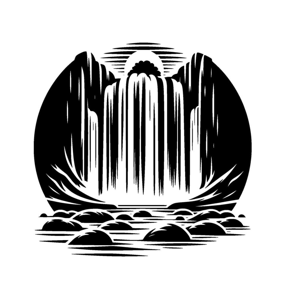 Black and White Circular Illustration of Waterfall Cascading Between Mountains and Rocks with Stylized Sun. vector