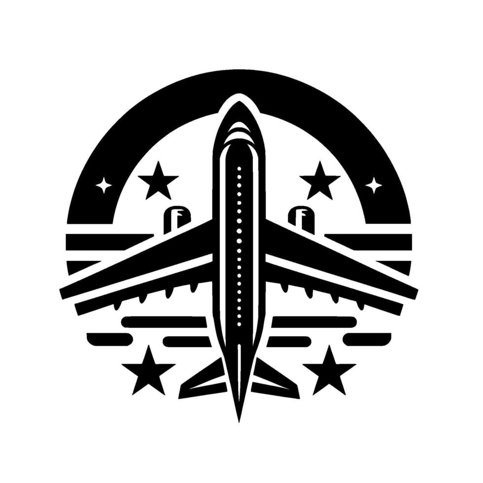Black and White Aviation Emblem Featuring Airplane Silhouetted in a Circular Composition with Stars and Stripes Elements. vector