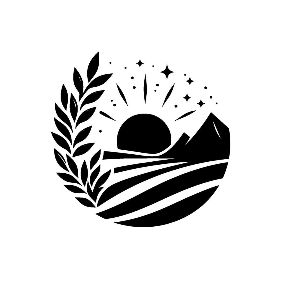 Circular Black and White Illustration Wheatlike Branch framing Sunset over Fields, Mountains, and Stars. vector