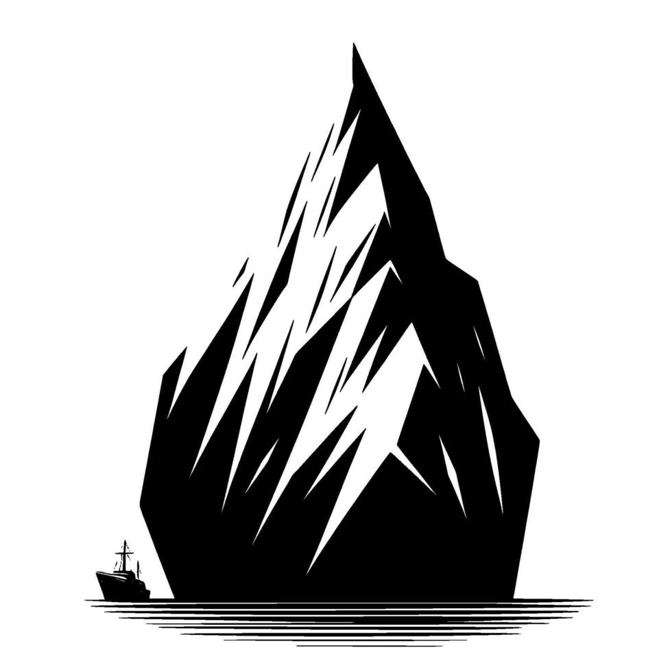 A stark monochrome illustrating a stylized iceberg with jagged edges, and a small ship on the horizon. vector