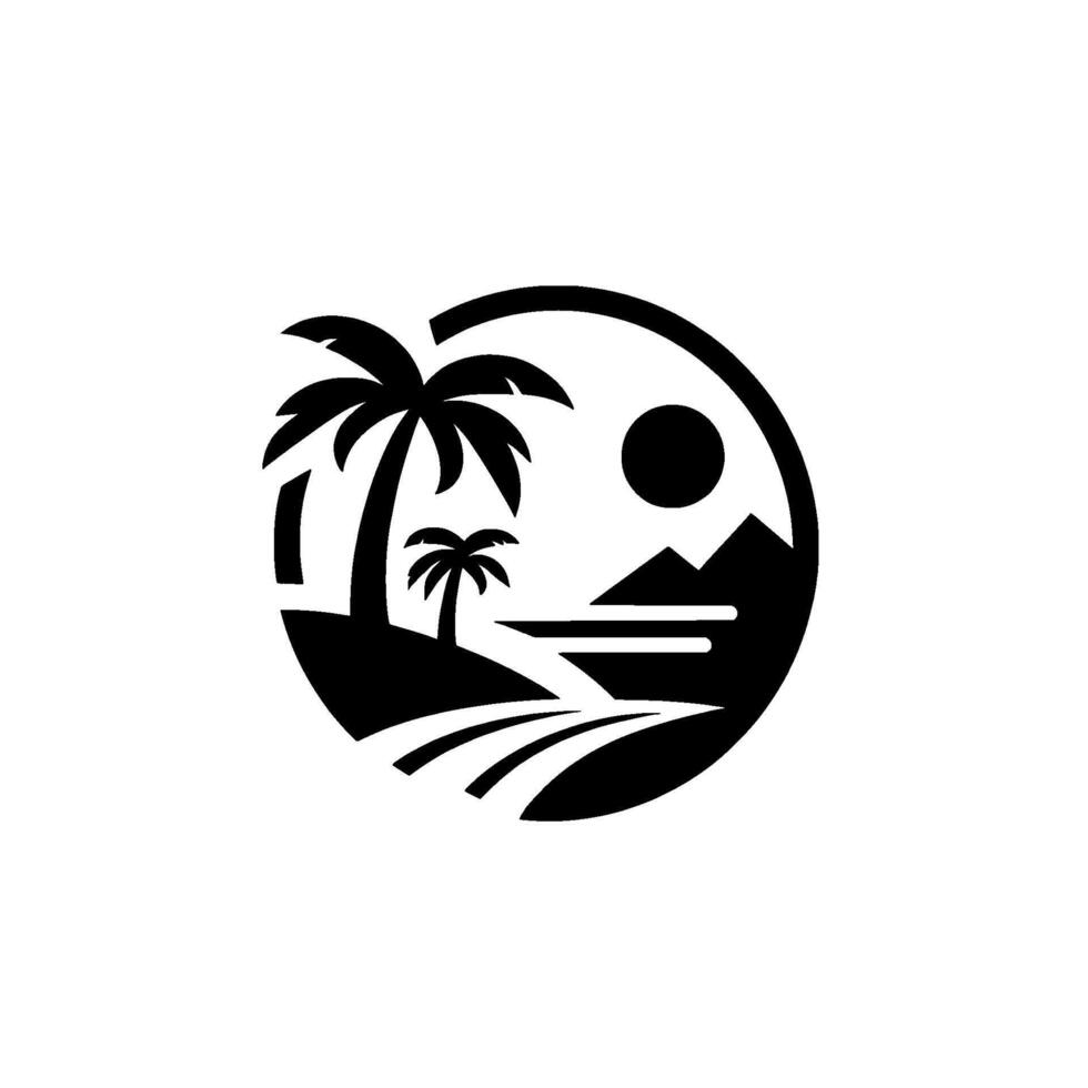 Circular Black and White Tropical Island Scene with Palm Trees, Mountains, Sun, and Coastline. vector
