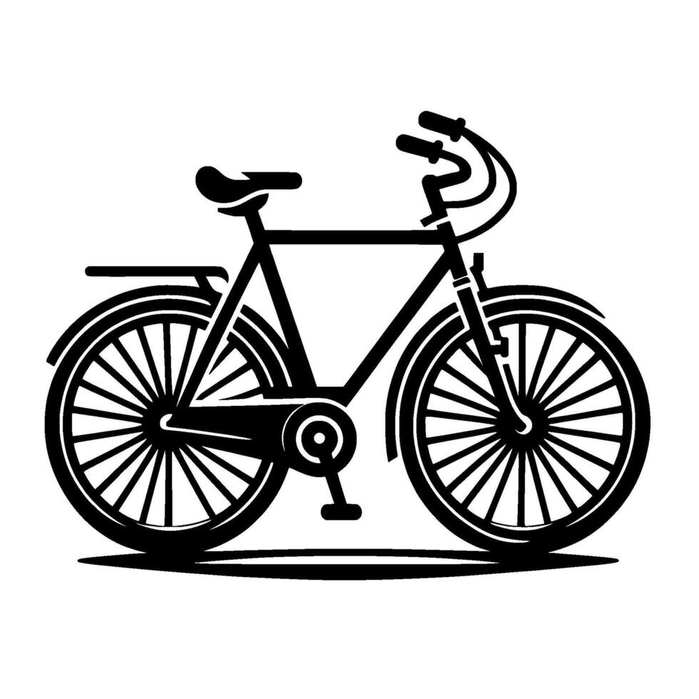 Clean, stylized, monochrome illustration of a classic bicycle, featuring prominent wheels and handlebars against a bright white background. vector
