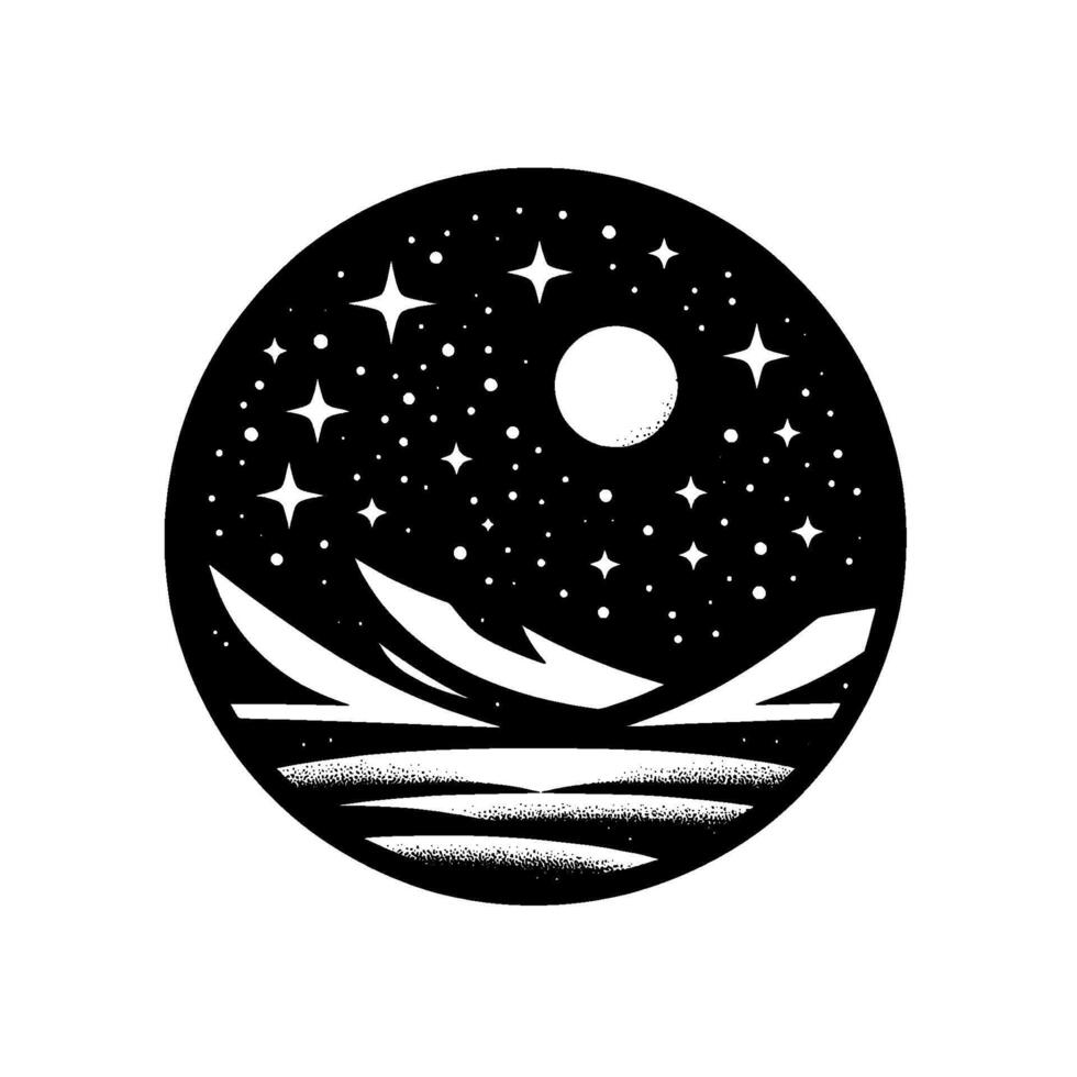 Black and white circular illustration of a mountain range, sea, starry night sky, and full moon. vector