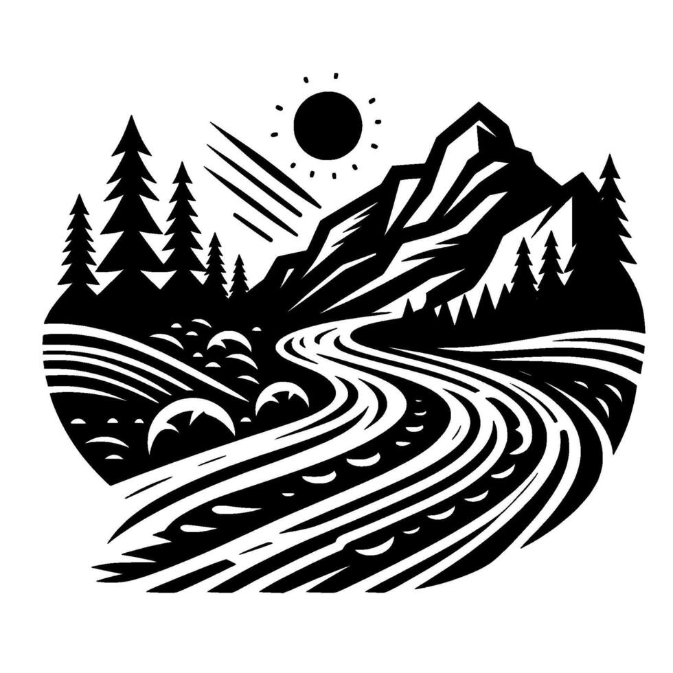Black White Mountain Landscape stylized river flows through a forest, under a shining sun, minimalistic art. vector