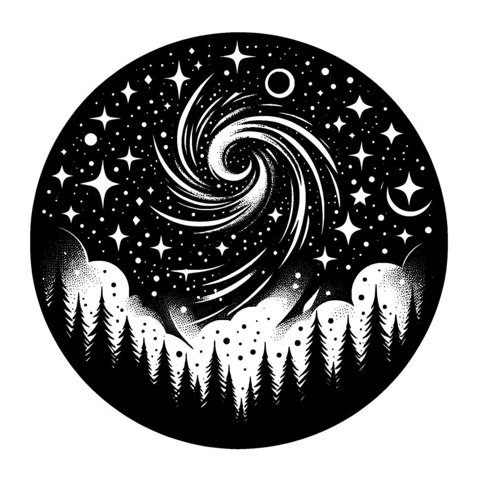 Circular Black and White Illustration of a Swirling Galactic Nebula, Forest Silhouette, Stars, Moon, and Universe. vector