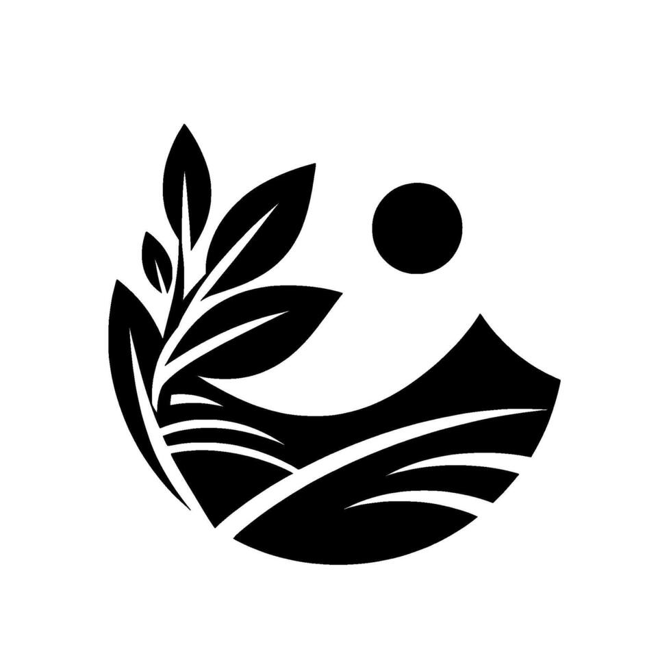 Minimalist Black White Leaves, Mountains, and a Sun within a Circle. vector