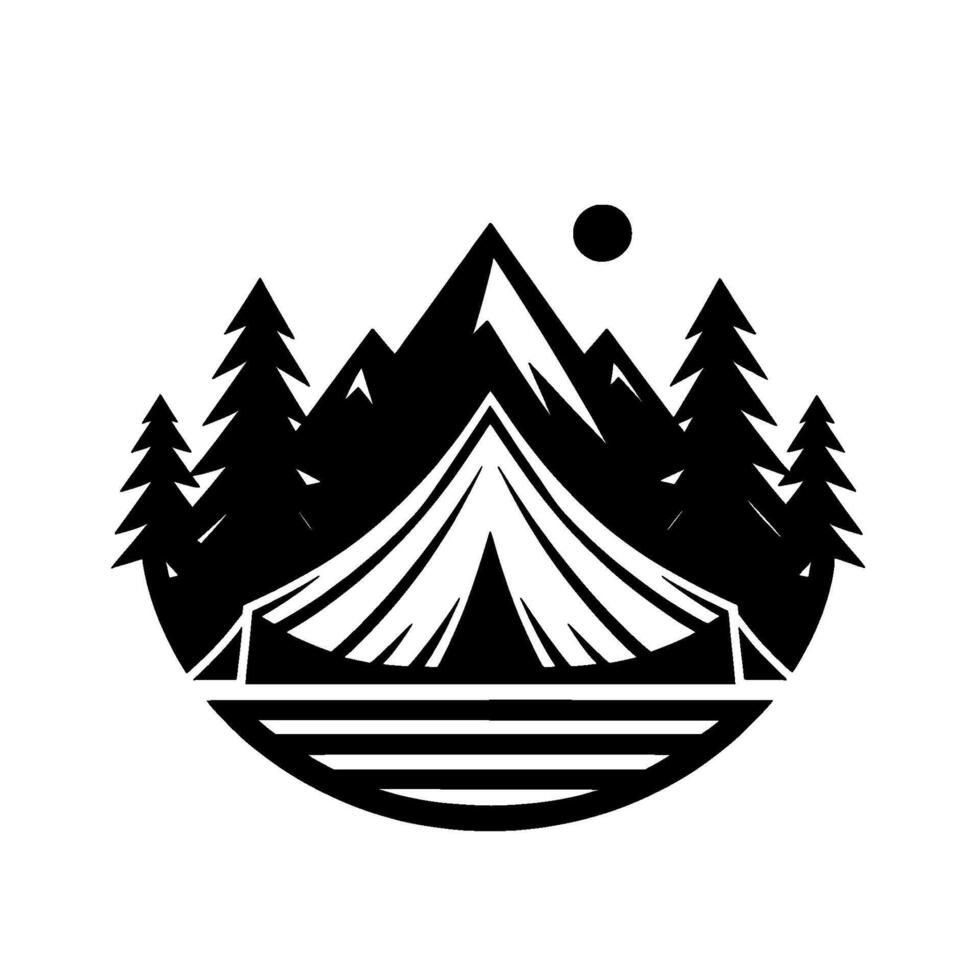 Monochrome Camping Scene Tent Nestled Between Pine Trees Majestic Mountains Under a Crescent Moon, Silhouette, Adventure Emblem. vector
