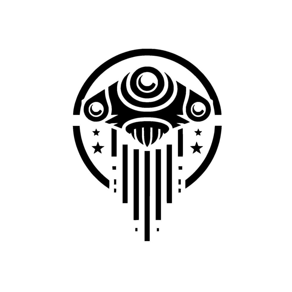 Abstract Black and White Symbol Circular Frame Enclosing a Stylized SpacecraftStructure with Stars and Geometric Elements. vector