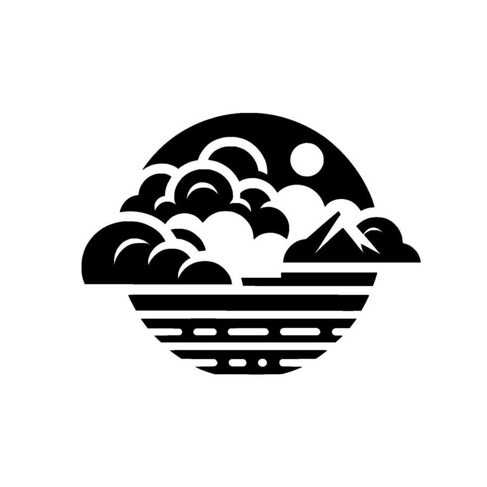 Black and White Circular Landscape Illustration with Clouds, Mountain, Sun, and Water Lines, Geometric Style. vector