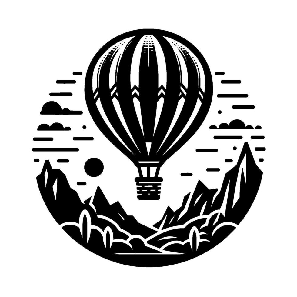 Stylized black and white of a hot air balloon soaring above a mountain range, encircled. vector