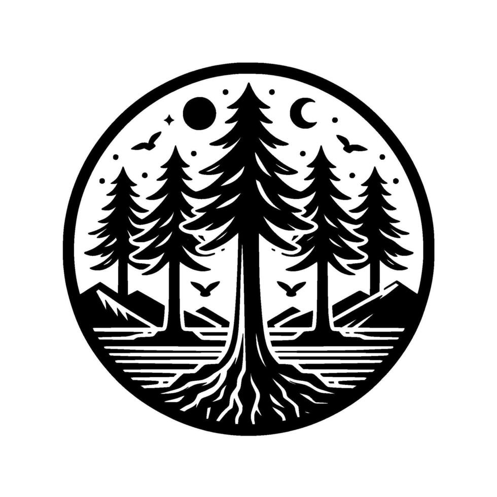 Black and white circular emblem with a majestic forest scene featuring towering trees, moon, stars, flying birds, mountains, and water elements, creating a stylized nature landscape. vector