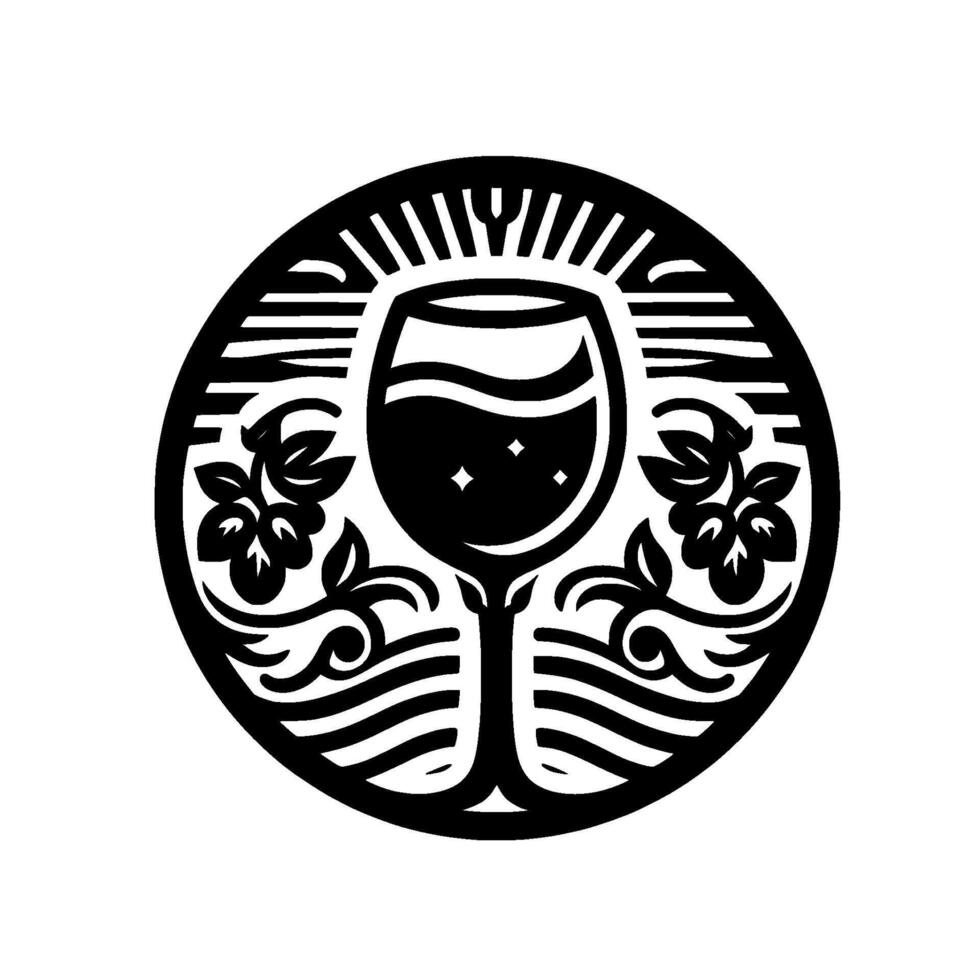 Intricate Black and White Circular of a Wine Glass with Floral Accents and Stylized Rays, Evoking Elegance. vector
