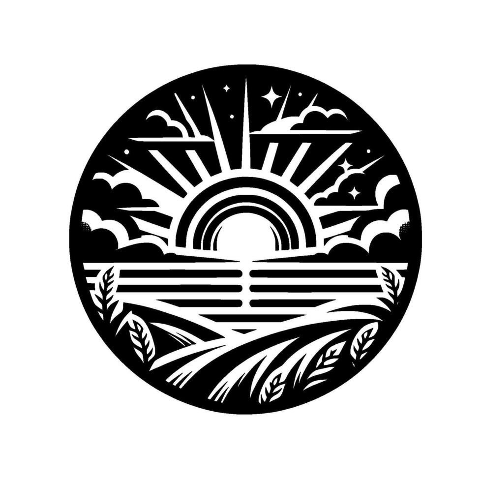Black and White Circular Illustration of a Sunrise Over a Field with Rainbow, Clouds, Stars, and Foliage Elements. vector