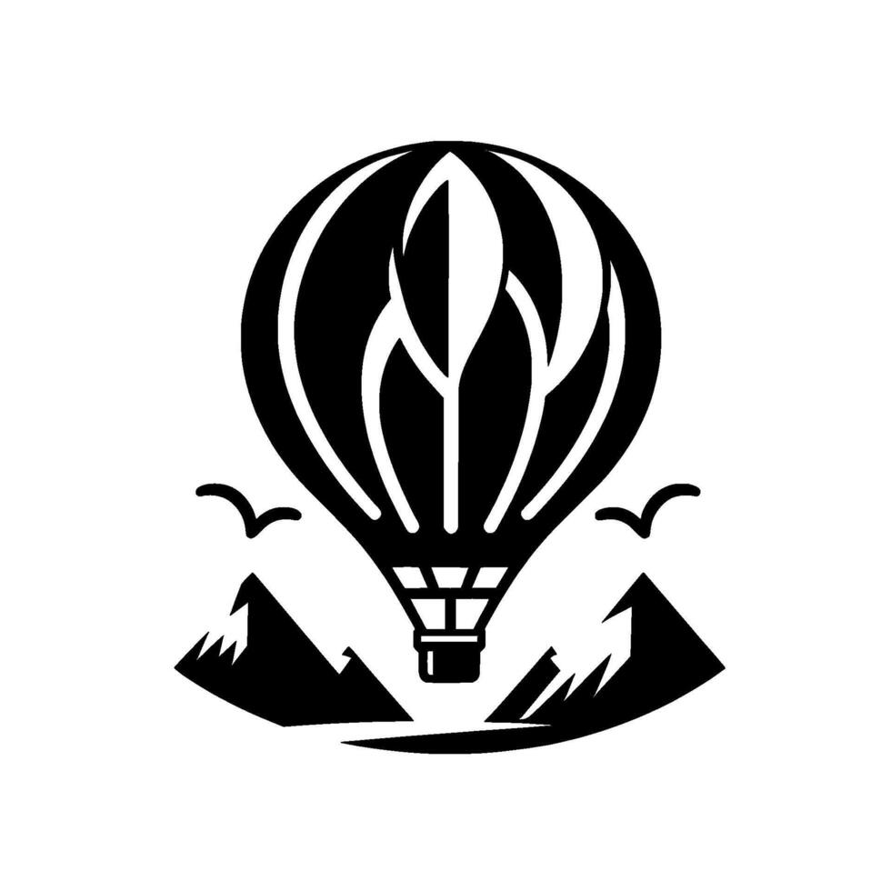 Black and White Illustrated Hot Air Balloon Over Mountain Landscape, Birds Flying, Minimalist . vector