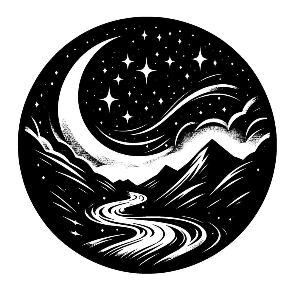 Celestial landscape A black and white circular illustration with a crescent moon, stars, mountains, clouds, and a river, evoking a sense of wonder. vector