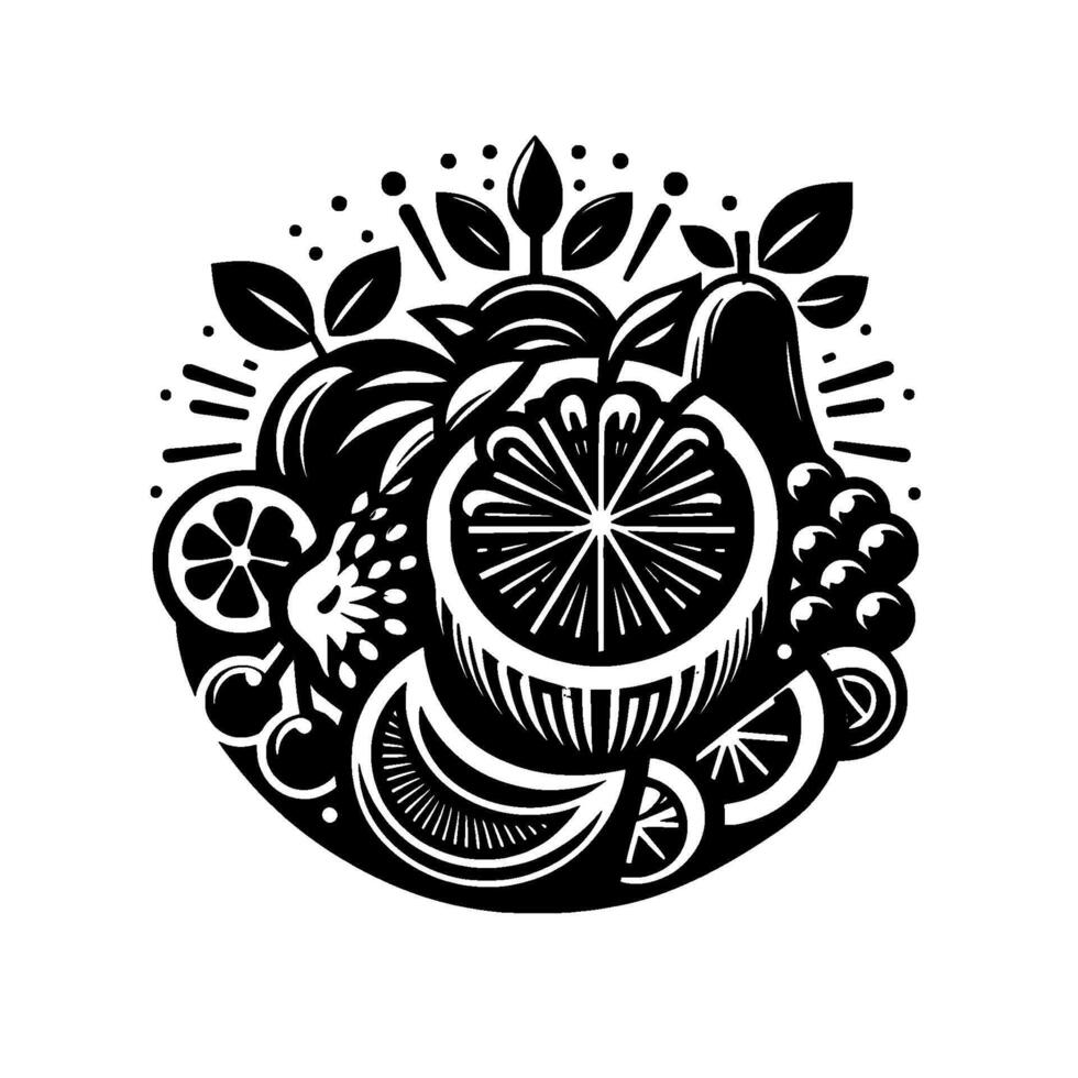 Black and White Circular Composition of Citrus, Berries, and Fruit Slices with Leafy Embellishments, Illustrative . vector