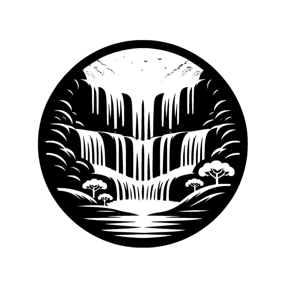 Stylized Black and White Circular Landscape Tiered Waterfalls, Trees, Mountains, and Birds, Minimalist vector