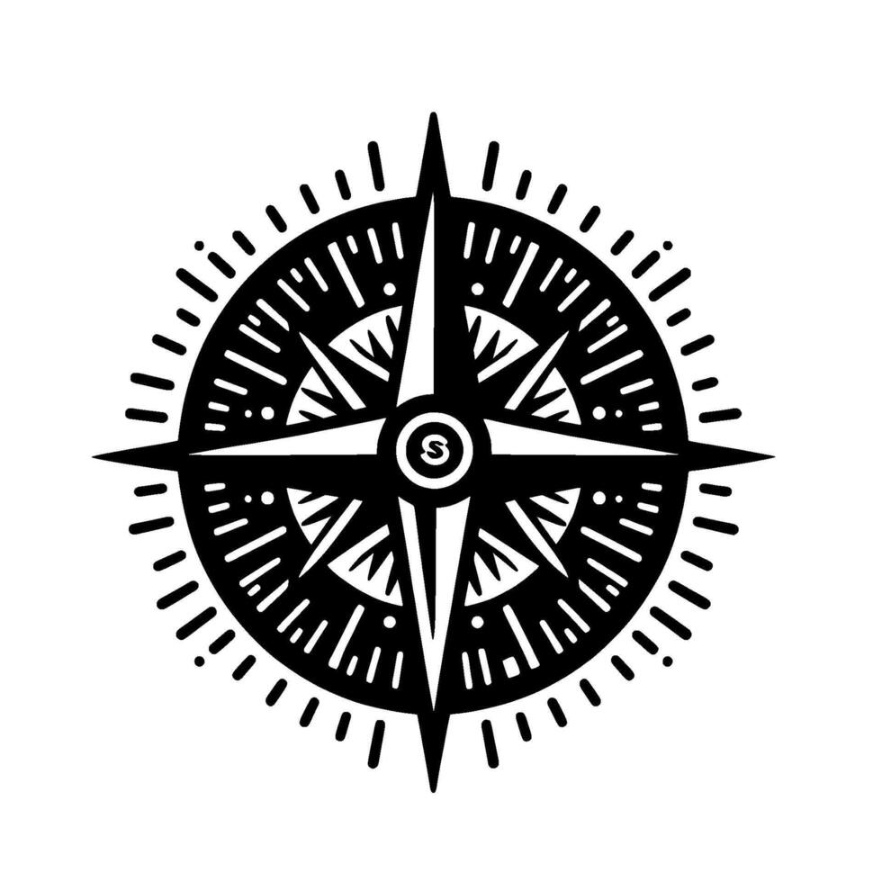 Stylized Black and White Compass Rose , Featuring Pointed Arrows, Detailed Gradations, and the Letter S Centered. vector