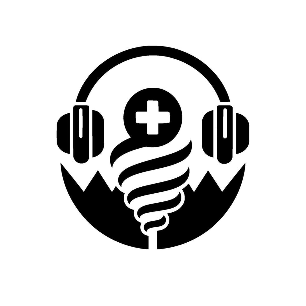 A minimalist, monochromatic featuring a stylized cotton candy or spiral shape, medical cross, headphones and jagged mountain edge, representing music and health. vector