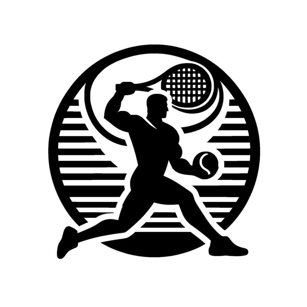 Dynamic black and white illustration of a muscular tennis player in action, racket raised, enclosed by a striped circle and tennis ball. vector