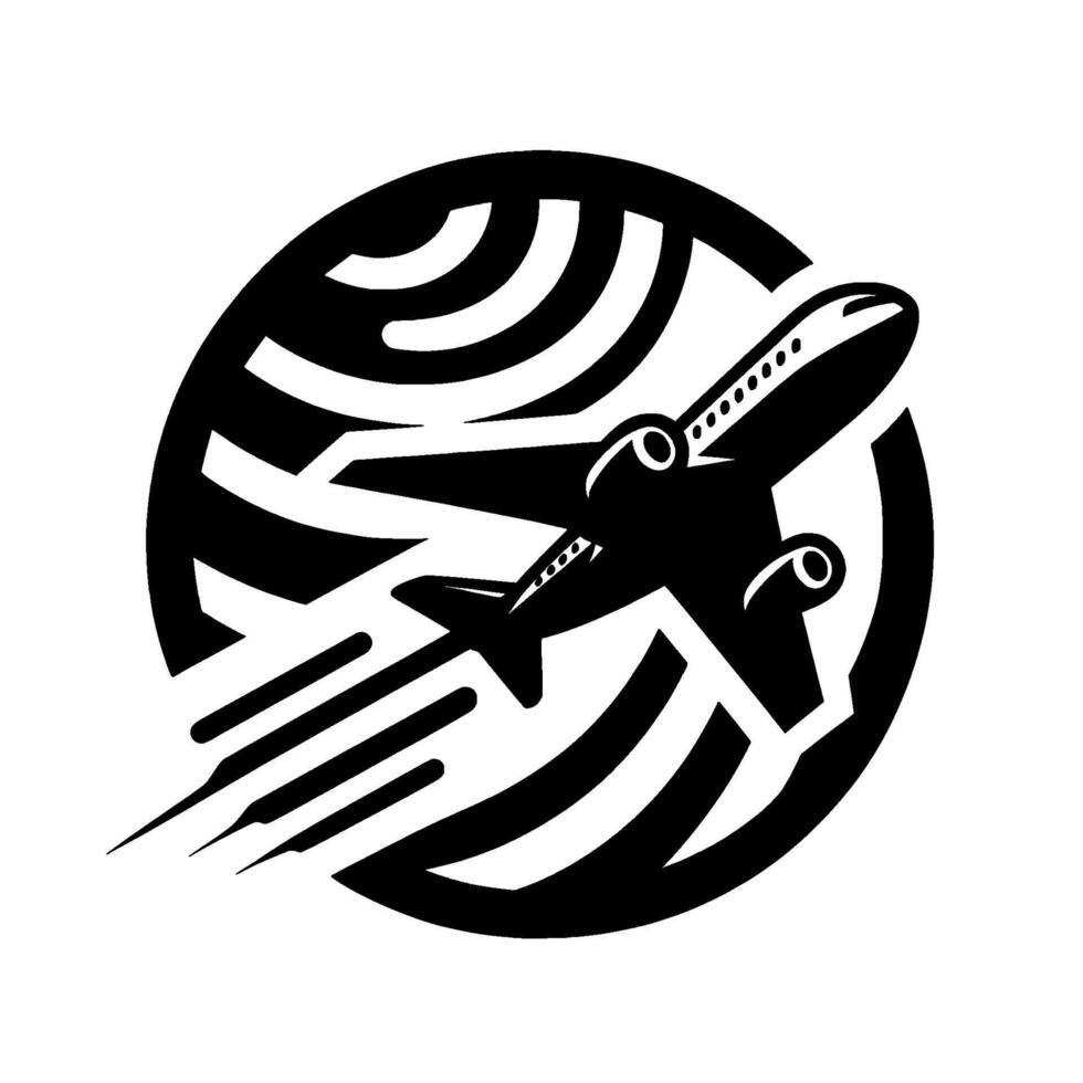 of a jet aircraft soaring through a stylized, spherical with motion lines, conveying travel and flight. vector