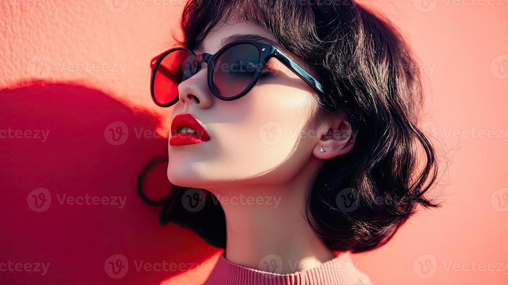 Portrait of an Elegant Woman with Red Lipstick and Patterned Sunglasses Against a Vibrant Red Background with Dramatic Lighting photo