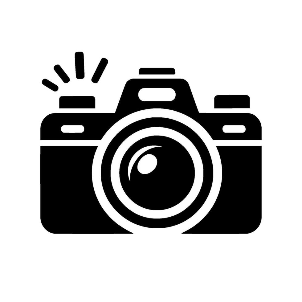 Simple Black and White Illustration of a Camera with a Lens Flare Detail and a clean white background. vector