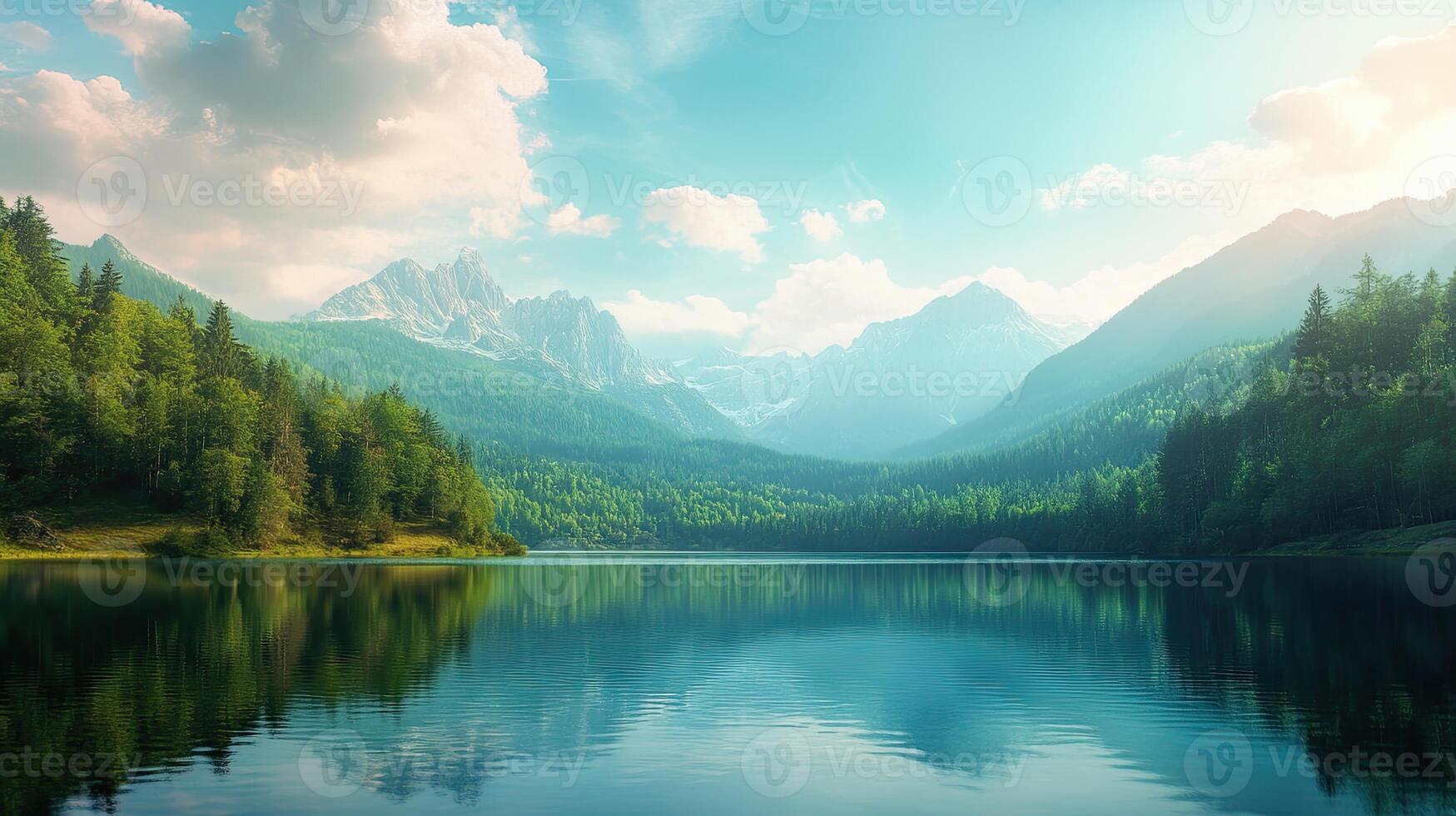 Lush Green Mountains Reflecting in Calm Lake Water under Bright Sunny Sky with Scattered Clouds Natural Outdoor Scenery photo