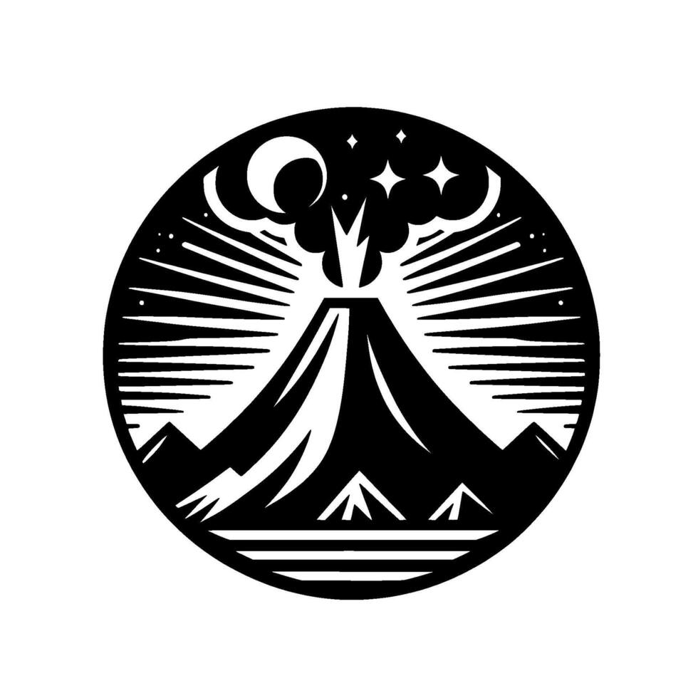Black and White Circular Illustration of Erupting Volcano under a Crescent Moon and Stars with Mountain Range Silhouette. vector