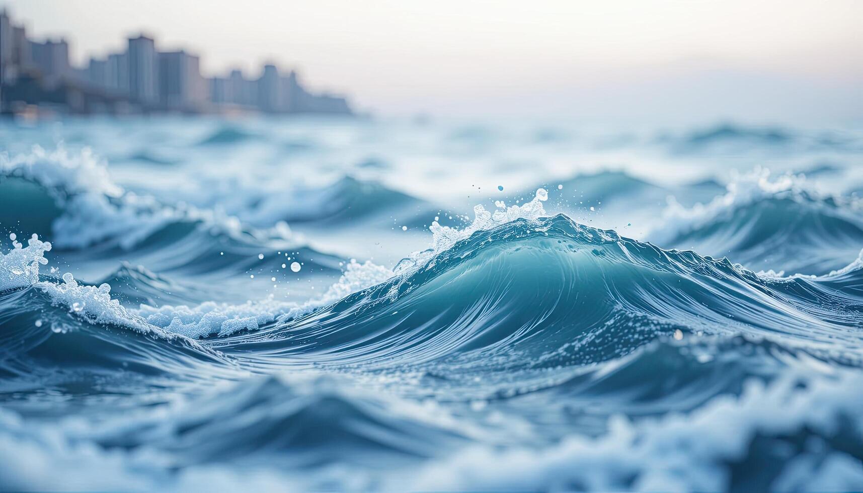 Vibrant Turquoise Ocean Waves with Foaming Crests Under a Soft Sky and Distant Cityscape photo