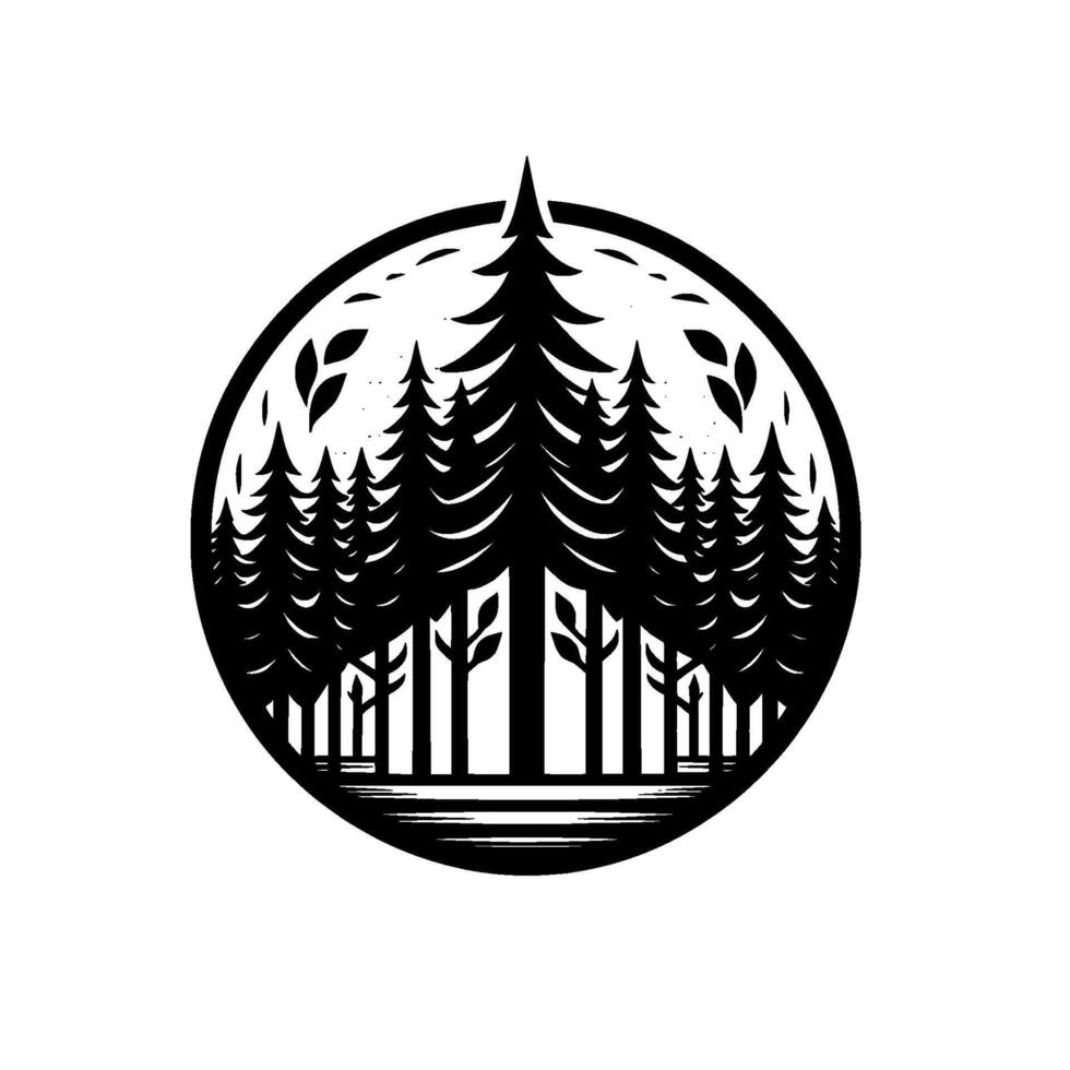 Black and White Circular Forest Silhouette Coniferous Trees, Lake, and Leaves, Decorative Emblem. vector
