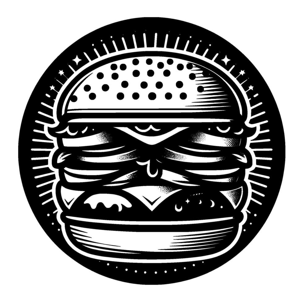 Bold, stylized blackandwhite illustration of a stacked hamburger in a circular frame, with decorative radial lines and stars. vector