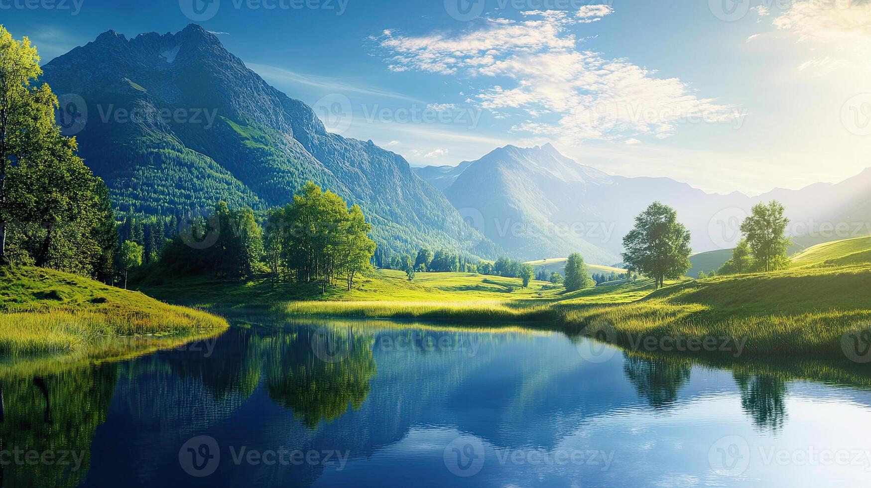 Panoramic Lake Reflection of Lush Green Mountains under a Clear Blue Sky with Scattered Clouds in Bright Sunlight photo
