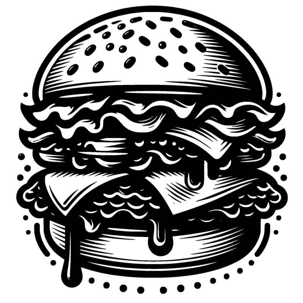 , monochromatic illustration of a stacked burger with dripping cheese, sesame bun, and intricate shading details. vector