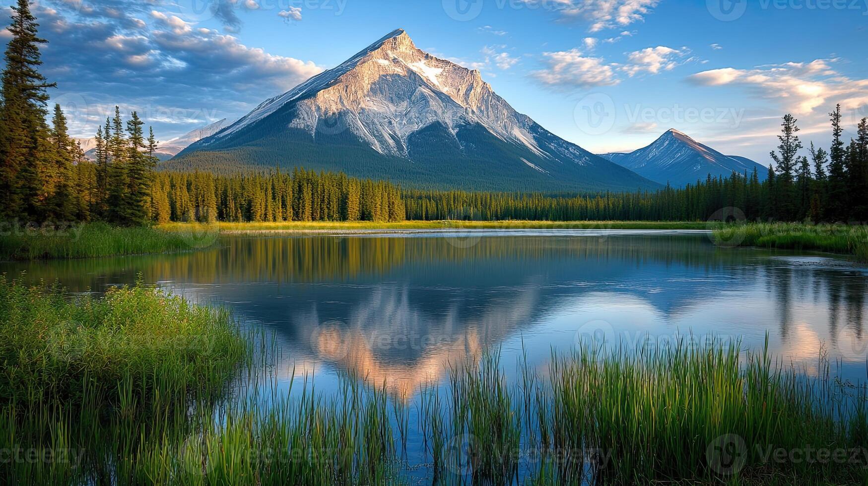 Picturesque Lake and Mountain Landscape Reflection with Forest and Blue Sky photo