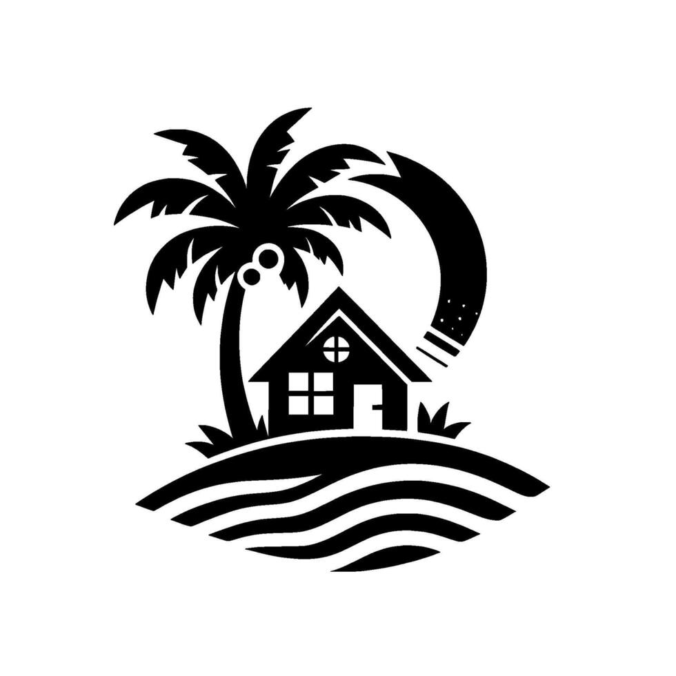 Black and white illustration of a tropical island scene featuring a house, palm tree, and stylized wave pattern on a hill. vector