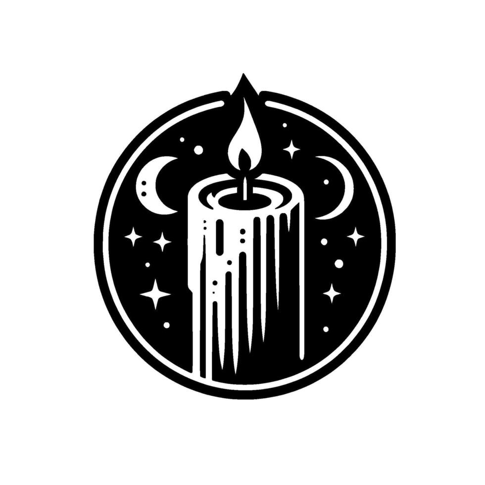 Stylized Black White Circular Illustration Lit Candle, Moons, Stars, and a Celestial Aesthetic within a Decorative Border. vector
