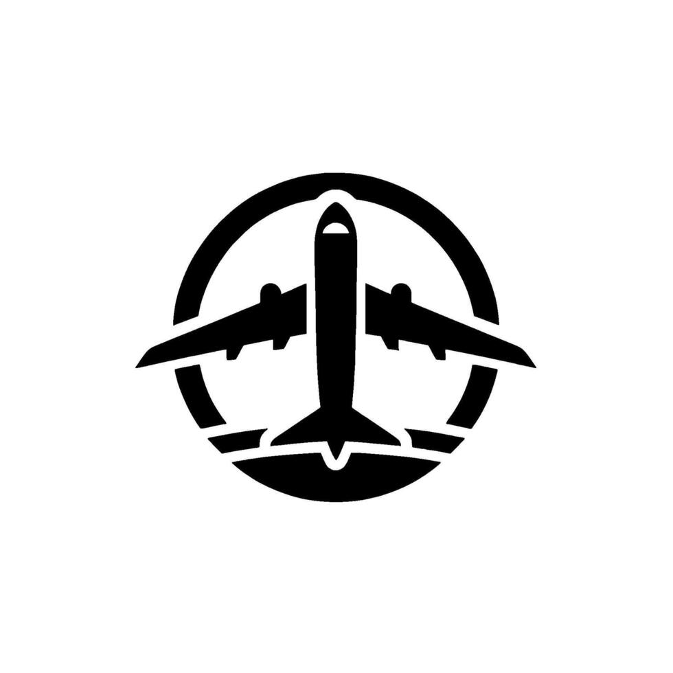 A monochrome of a stylized airplane silhouette encased within a bold circular frame, representing air travel. vector