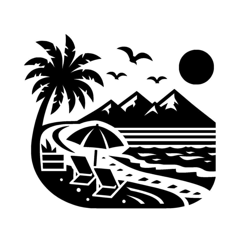 Black and White Beach Silhouette Palm Tree, Parasol, Mountains, Sun, Chairs, Seagulls, Sea Waves. vector
