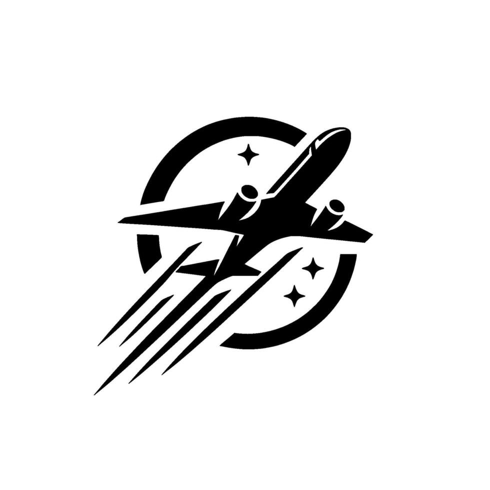Sleek Black and White of a TwinEngine Airplane Soaring Through the Sky, Embellished with Stars and a Circular Emblem. vector