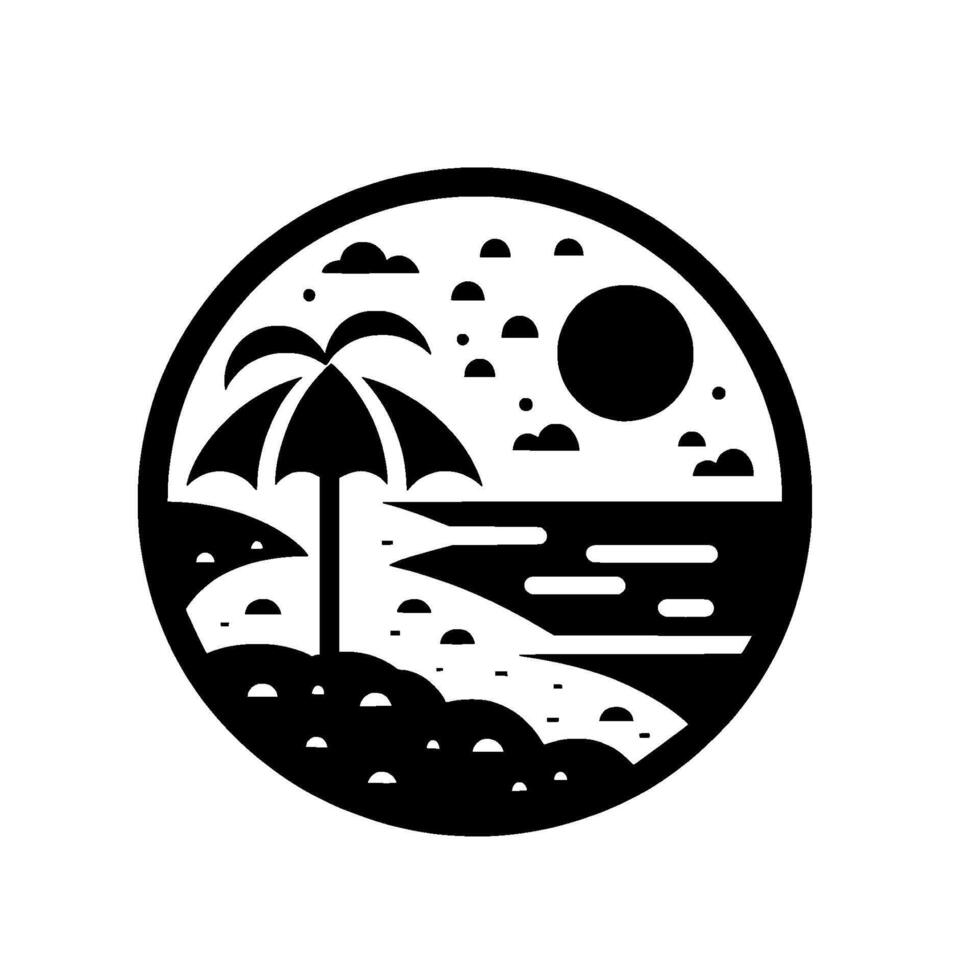 Minimalist Circular Black White Coastal Scene with Beach, Palm Tree, Sun Clouds, Flat Style. vector